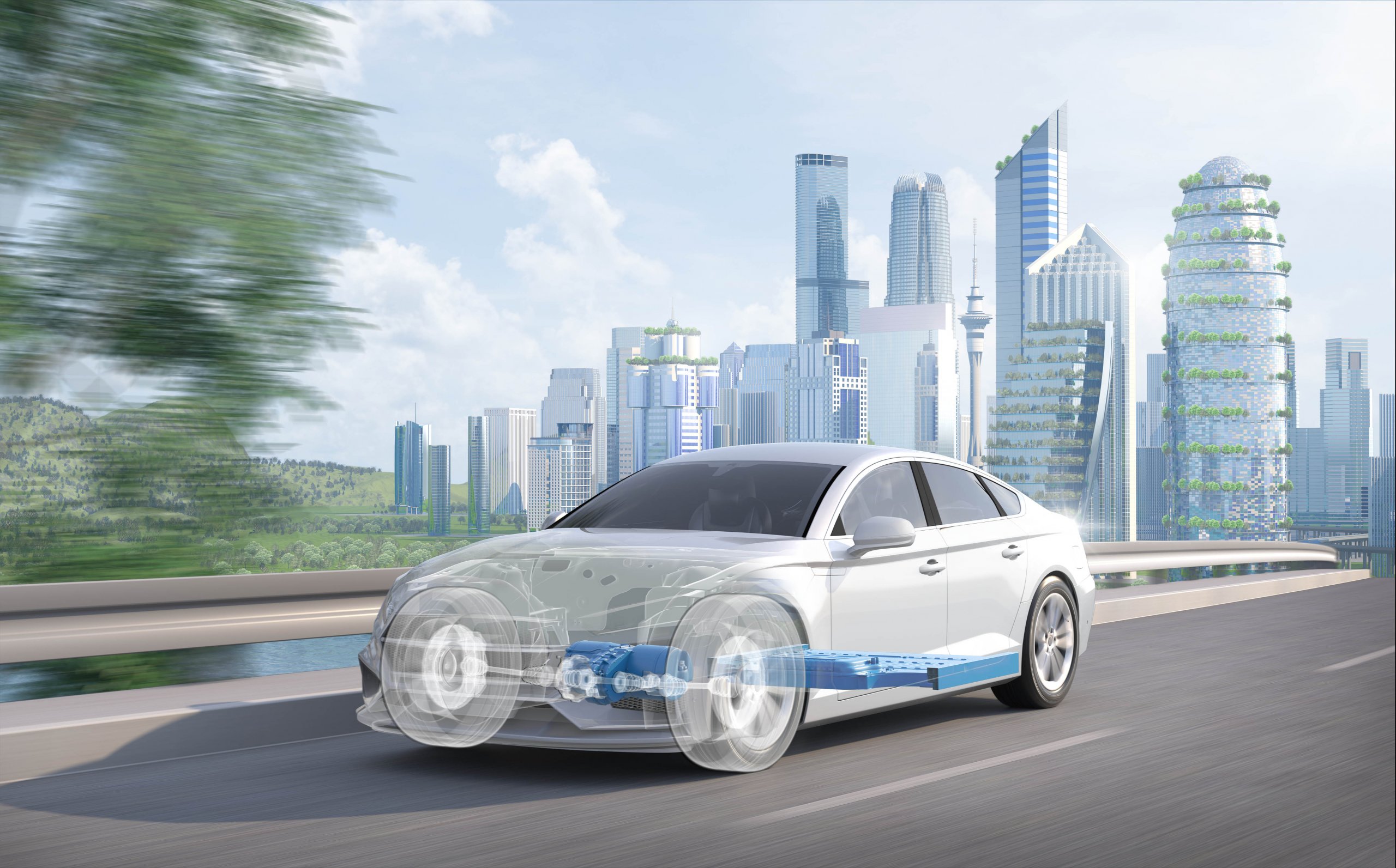 Illustration of a semi-transparent e-car driving on a road in front of a futuristic skyline