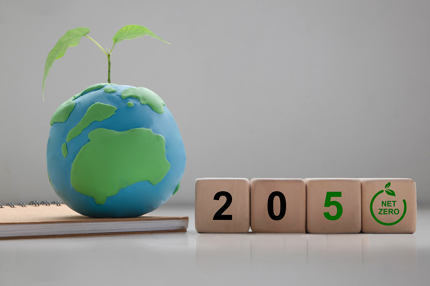 Globe made of modelling clay, next to it wooden cube with the numbers 2050, Net Zero is written in the Zero