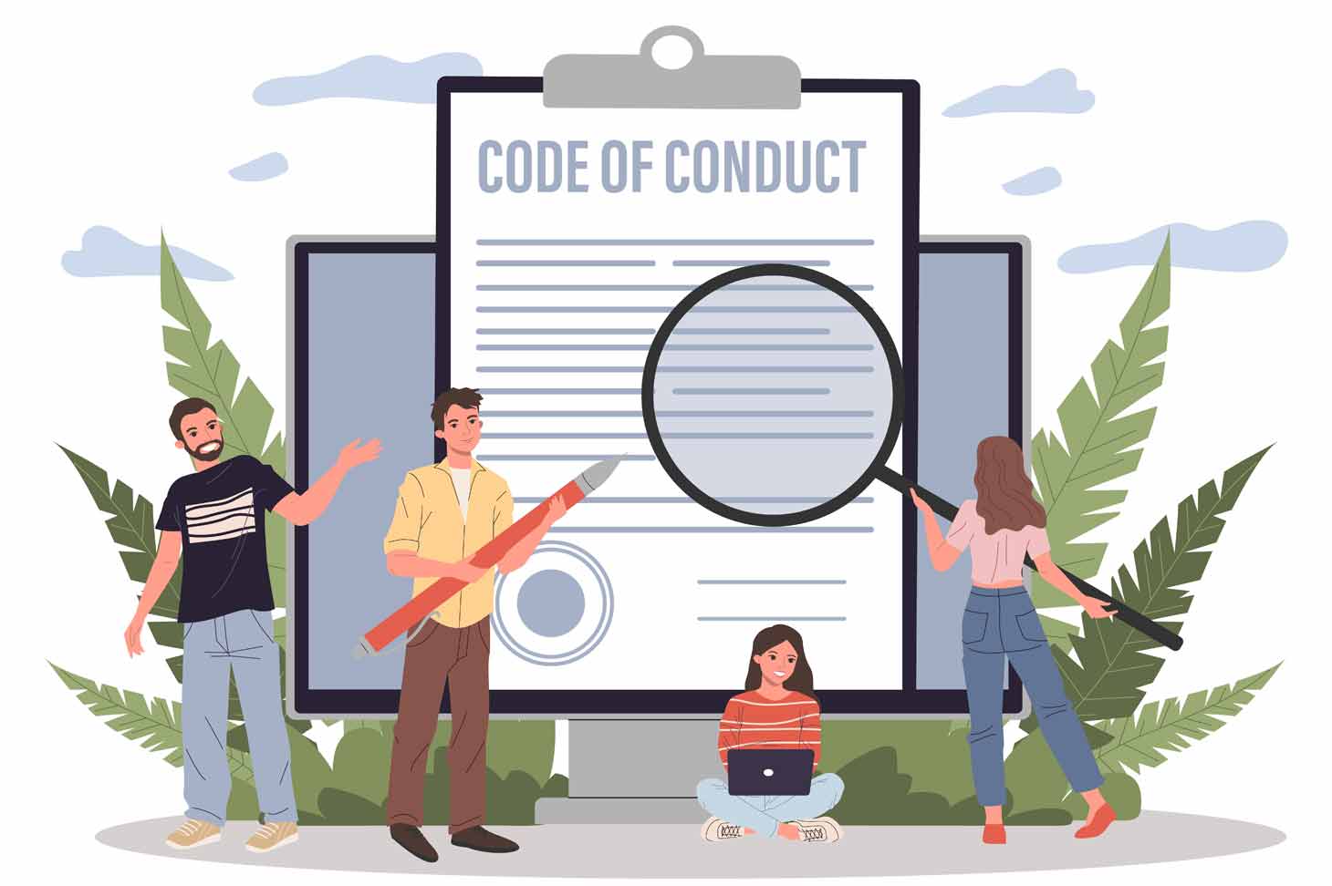 Illustration Code of Conduct mit illustrierten Personen, eine hält eine riesige Lupe und einer einen riesigen Stift