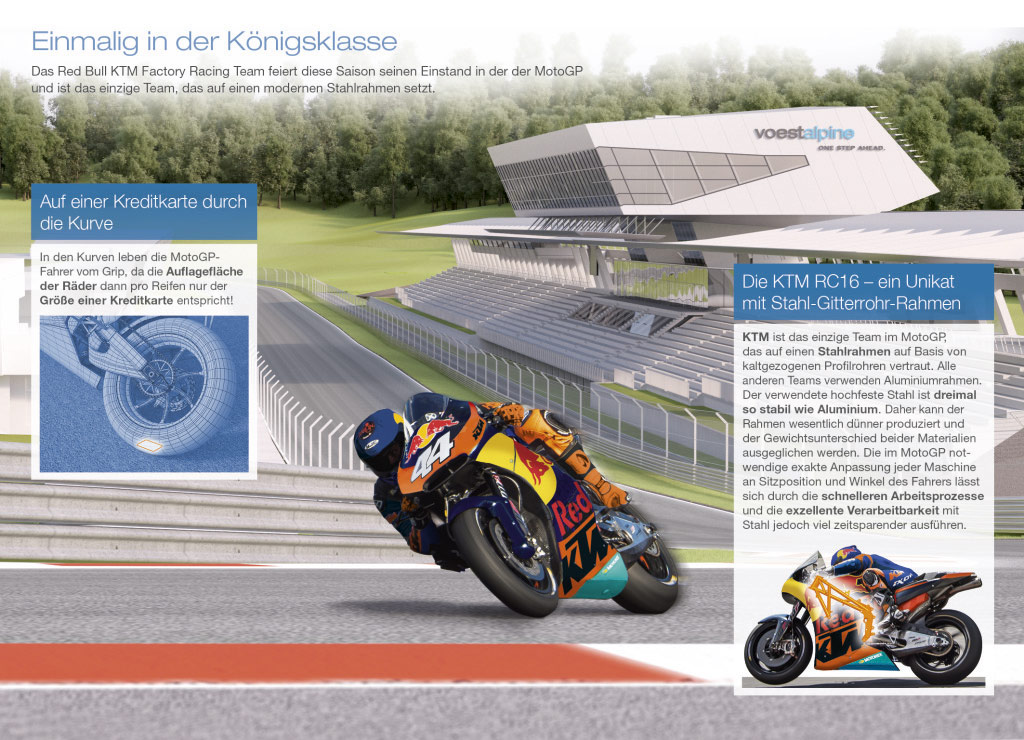 Die Rennmaschine ktm RC16 hat in einer Kurve nur die Auflagefläche in der Größe einer Kreditkarte und enthält einen Stahl Gitterrohrrahmen.