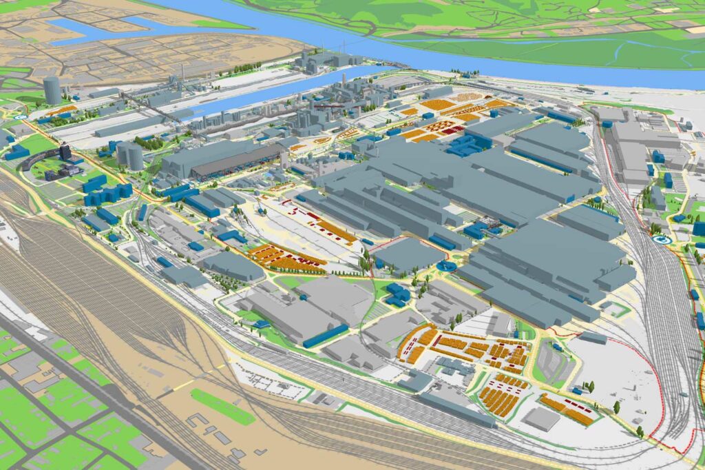 Rendering voestalpine site Linz in 3D: Overview of the Linz site in GIS