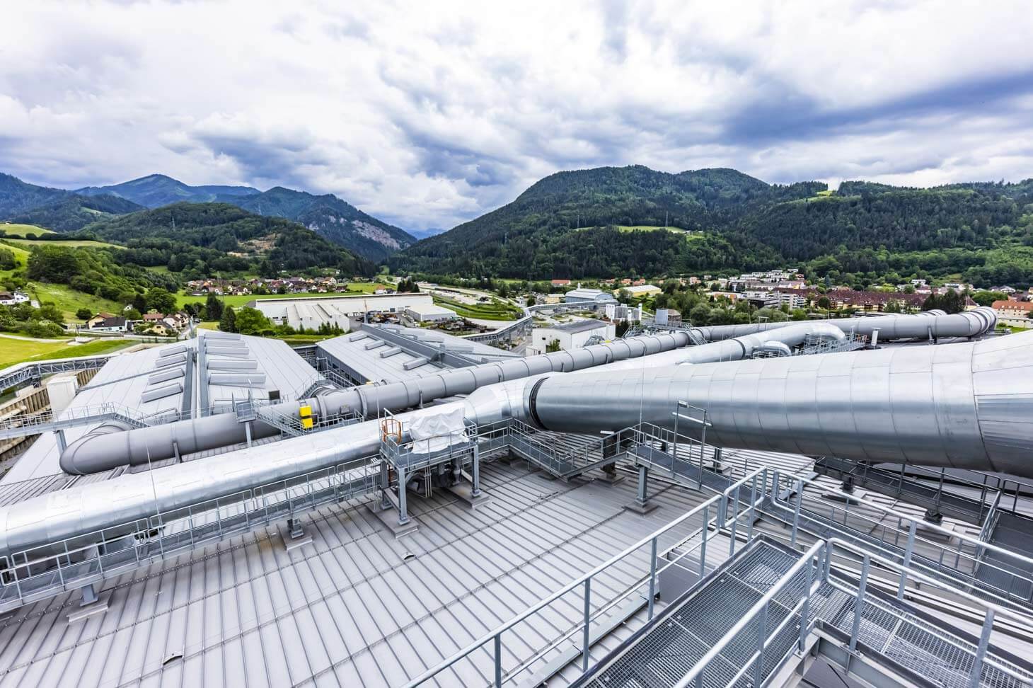 Exterior shot with huge steel pipes on the roof of the new special steel plant of voestalpine BÖHLER Edelstahl