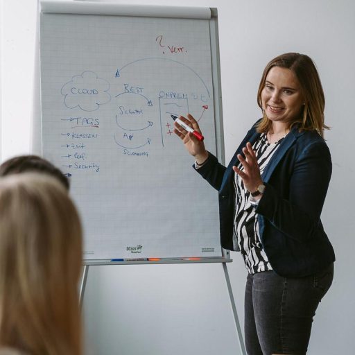 Service Manager Katharina writes information on a flipchart in a meeting